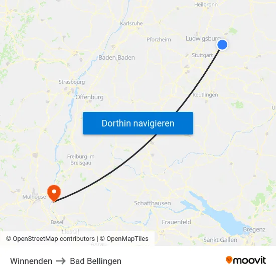 Winnenden to Bad Bellingen map