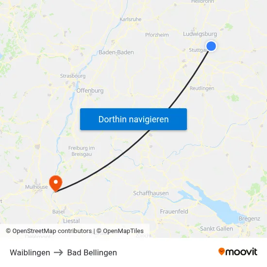 Waiblingen to Bad Bellingen map