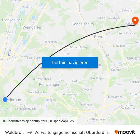 Waldbronn to Verwaltungsgemeinschaft Oberderdingen map