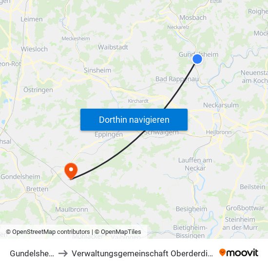 Gundelsheim to Verwaltungsgemeinschaft Oberderdingen map