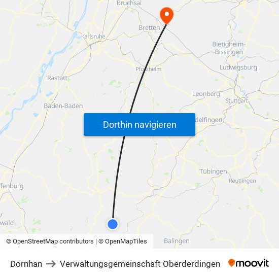 Dornhan to Verwaltungsgemeinschaft Oberderdingen map