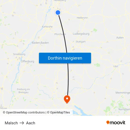 Malsch to Aach map