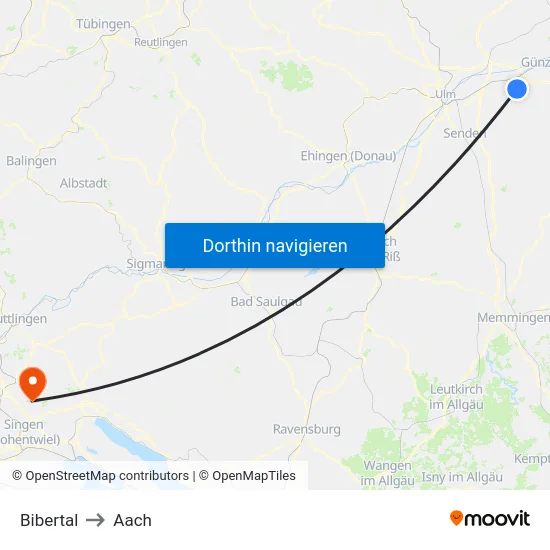 Bibertal to Aach map