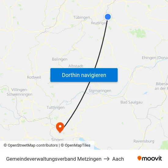 Gemeindeverwaltungsverband Metzingen to Aach map