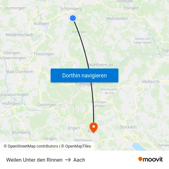 Weilen Unter den Rinnen to Aach map