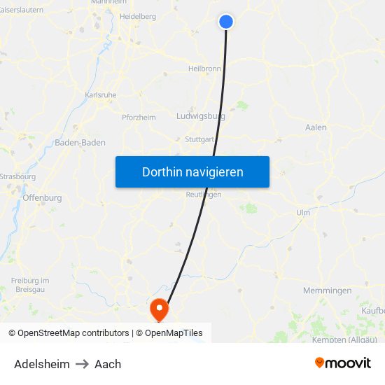 Adelsheim to Aach map