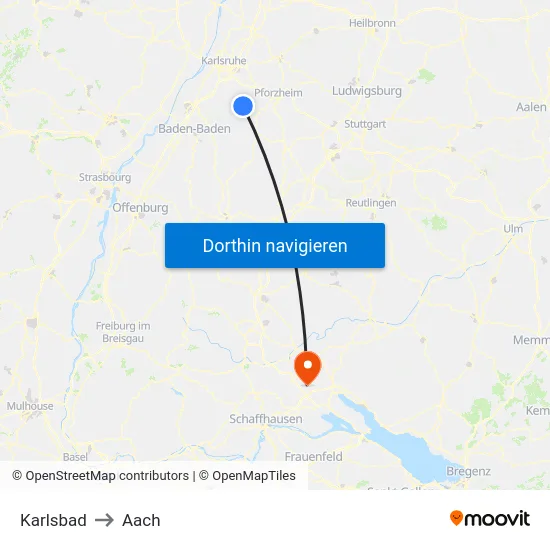 Karlsbad to Aach map