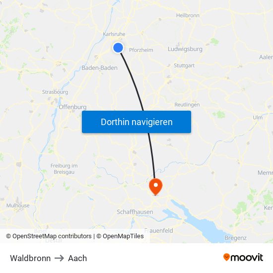 Waldbronn to Aach map
