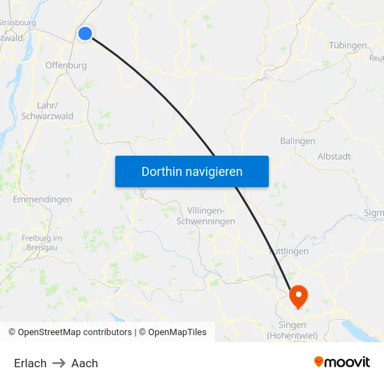Erlach to Aach map