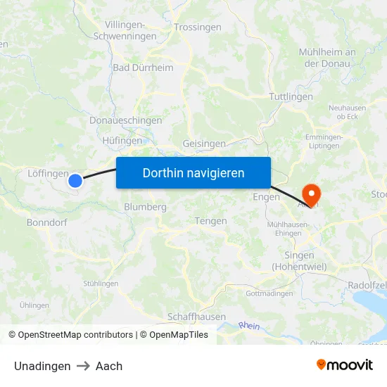Unadingen to Aach map
