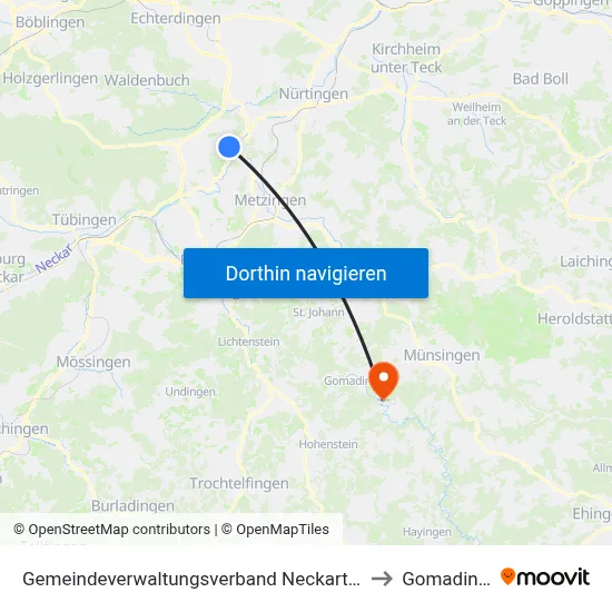 Gemeindeverwaltungsverband Neckartenzlingen to Gomadingen map