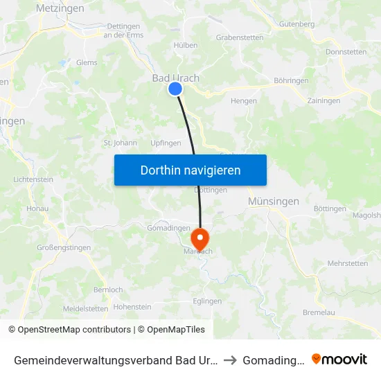 Gemeindeverwaltungsverband Bad Urach to Gomadingen map