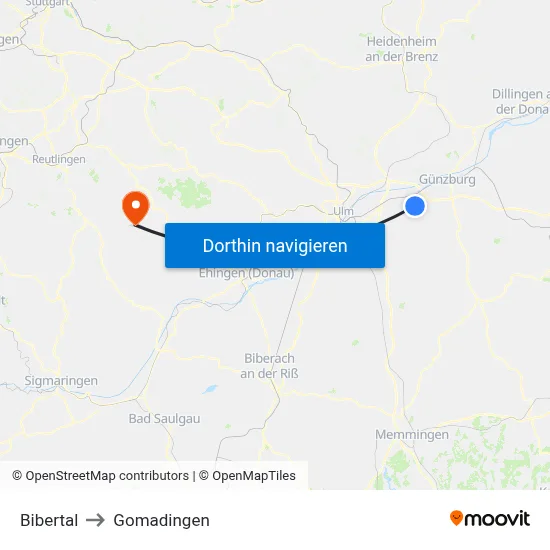 Bibertal to Gomadingen map