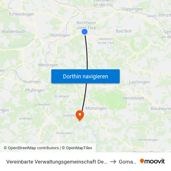 Vereinbarte Verwaltungsgemeinschaft Der Stadt Kirchheim Unter Teck to Gomadingen map