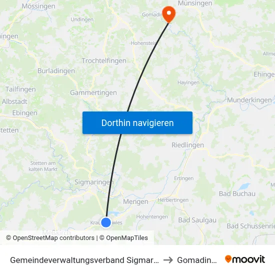 Gemeindeverwaltungsverband Sigmaringen to Gomadingen map