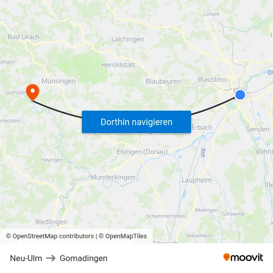 Neu-Ulm to Gomadingen map