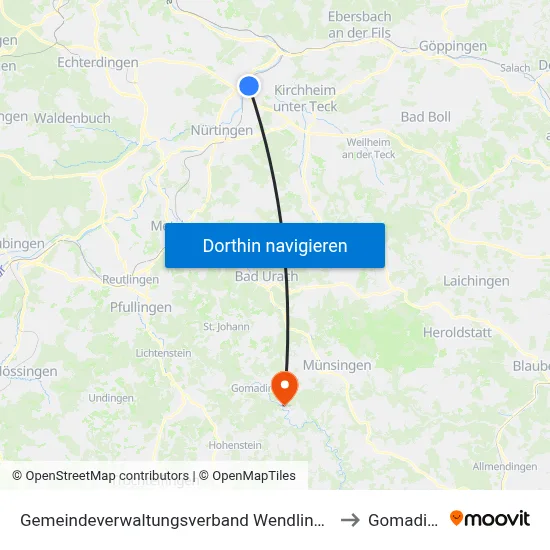 Gemeindeverwaltungsverband Wendlingen am Neckar to Gomadingen map