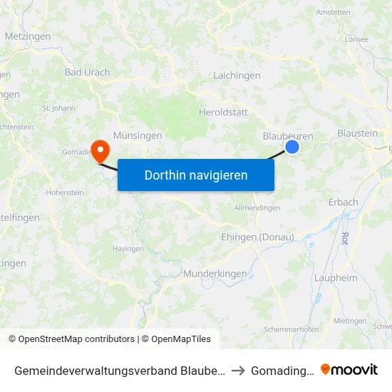 Gemeindeverwaltungsverband Blaubeuren to Gomadingen map