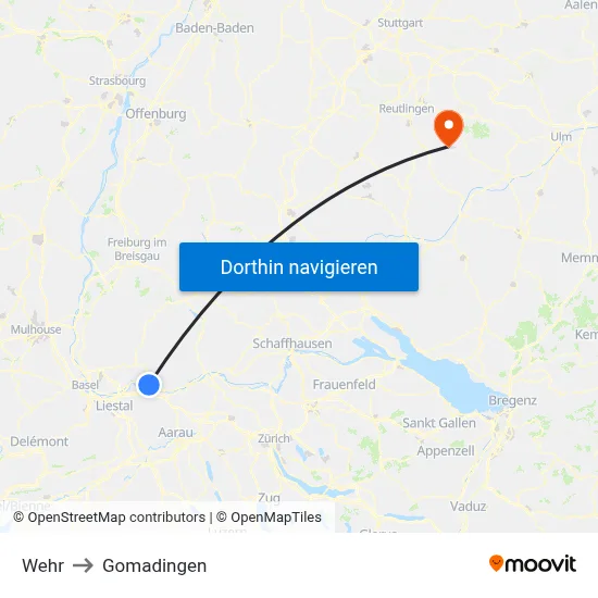 Wehr to Gomadingen map