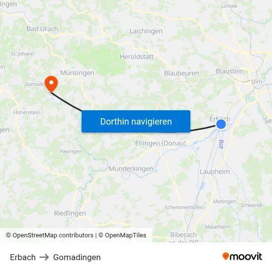 Erbach to Gomadingen map