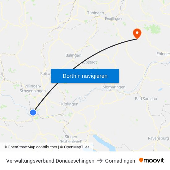 Verwaltungsverband Donaueschingen to Gomadingen map
