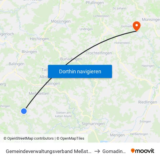 Gemeindeverwaltungsverband Meßstetten to Gomadingen map