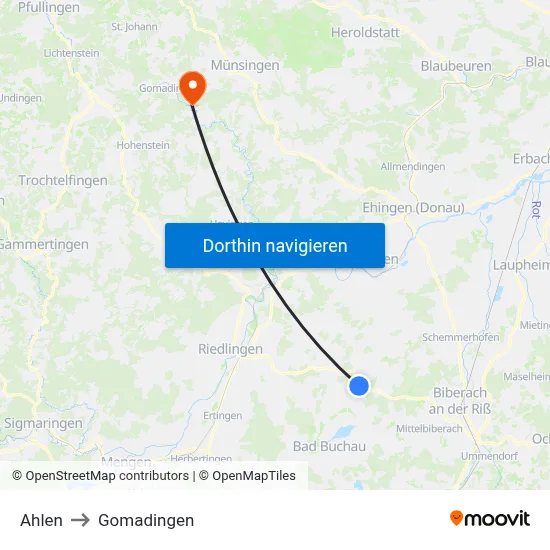Ahlen to Gomadingen map