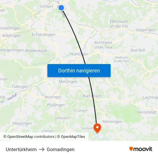 Untertürkheim to Gomadingen map