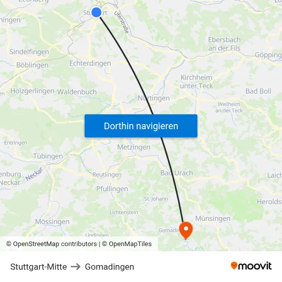 Stuttgart-Mitte to Gomadingen map