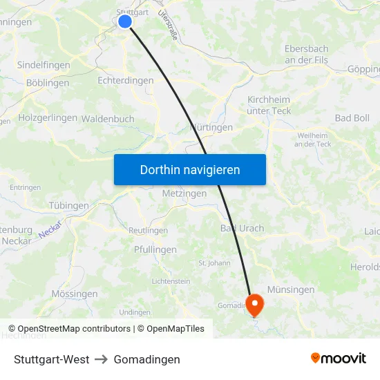Stuttgart-West to Gomadingen map