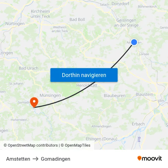 Amstetten to Gomadingen map