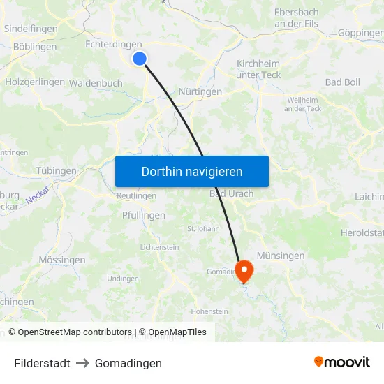 Filderstadt to Gomadingen map