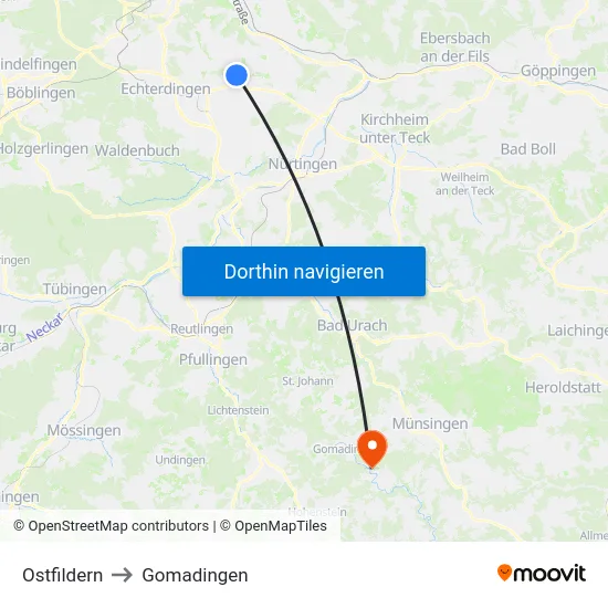 Ostfildern to Gomadingen map