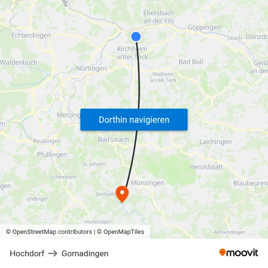 Hochdorf to Gomadingen map