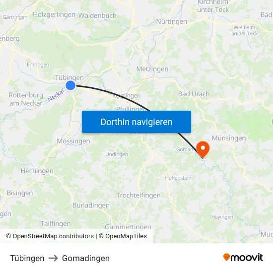Tübingen to Gomadingen map