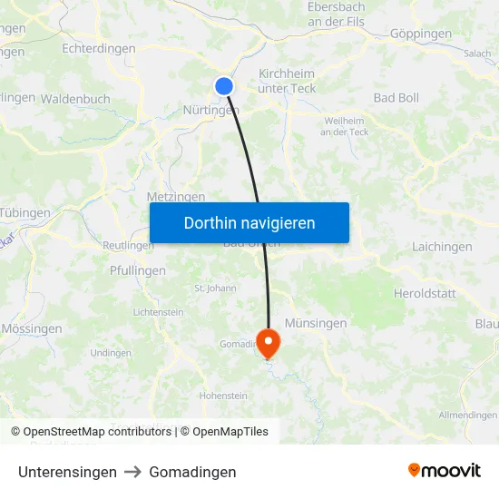 Unterensingen to Gomadingen map