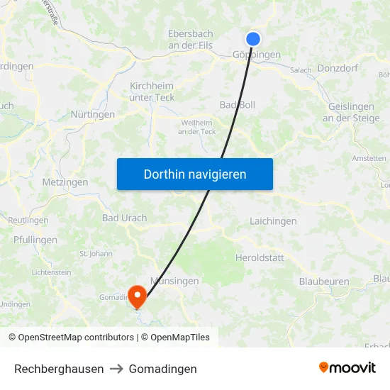Rechberghausen to Gomadingen map