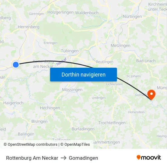 Rottenburg Am Neckar to Gomadingen map