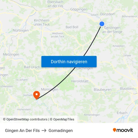 Gingen An Der Fils to Gomadingen map