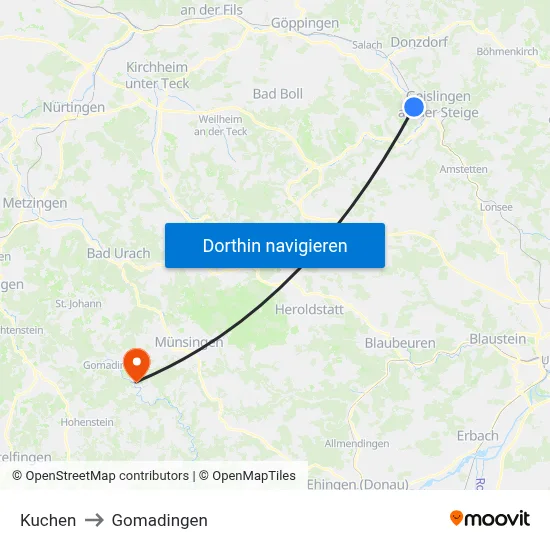 Kuchen to Gomadingen map