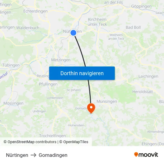 Nürtingen to Gomadingen map