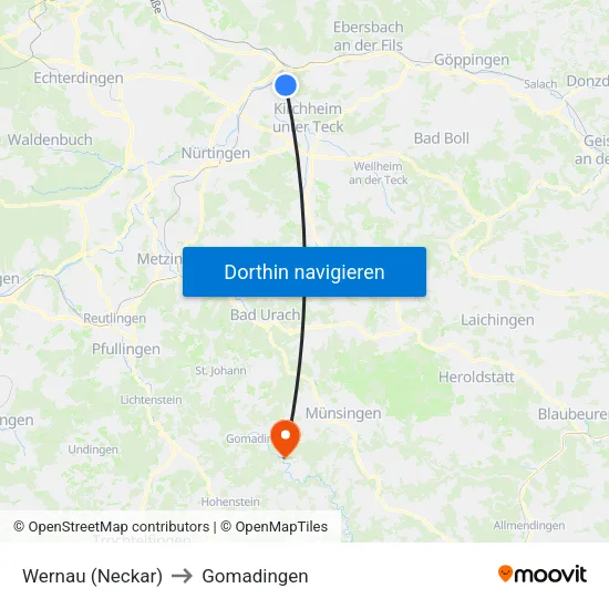 Wernau (Neckar) to Gomadingen map