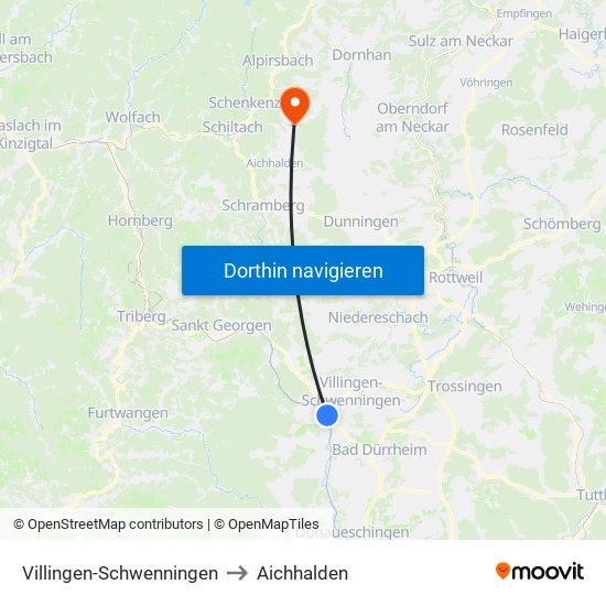 Villingen-Schwenningen to Aichhalden map