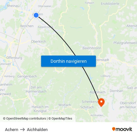 Achern to Aichhalden map