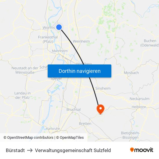 Bürstadt to Verwaltungsgemeinschaft Sulzfeld map