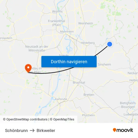 Schönbrunn to Birkweiler map