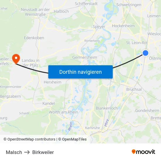 Malsch to Birkweiler map