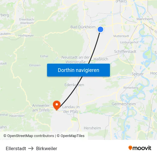 Ellerstadt to Birkweiler map