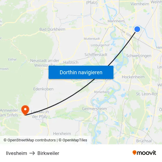 Ilvesheim to Birkweiler map