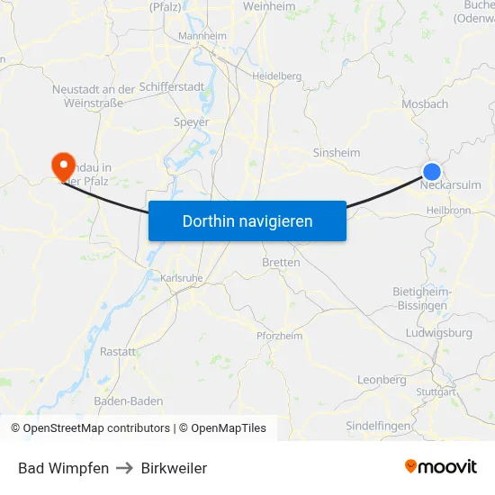 Bad Wimpfen to Birkweiler map